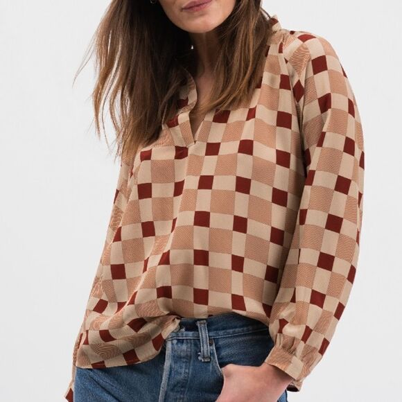 Tucker Long Sleeve Polo Blouse Plaid Silk Top - Picture 1 of 2
